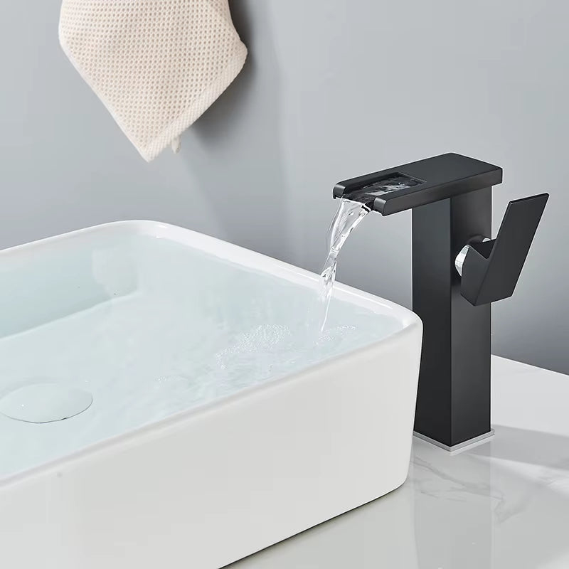 Luxury LED Black Basin Faucet Tall and Short Tap Bathroom Single Handle Cold and Hot Water Flow Produces Electricity