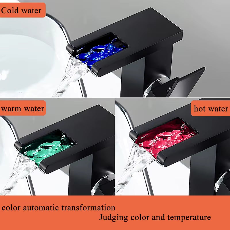 Luxury LED Black Basin Faucet Tall and Short Tap Bathroom Single Handle Cold and Hot Water Flow Produces Electricity