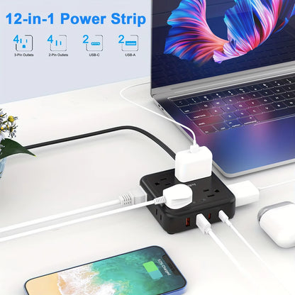 Surge Protector Power Strip - 8 Widely Outlets with 4 USB Charging Ports, 3 Side Outlet Extender with 5Ft Braided Extension Cord