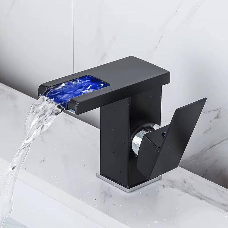 Luxury LED Black Basin Faucet Tall and Short Tap Bathroom Single Handle Cold and Hot Water Flow Produces Electricity