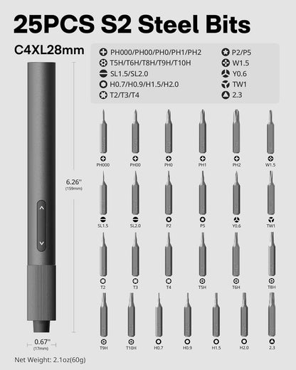 25-In-1 Mini Electric Screwdriver Set, USB-C Rechargeable, Compact Magnetic Tool for Phone, Laptop, Camera Repair