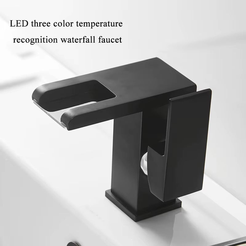 Luxury LED Black Basin Faucet Tall and Short Tap Bathroom Single Handle Cold and Hot Water Flow Produces Electricity