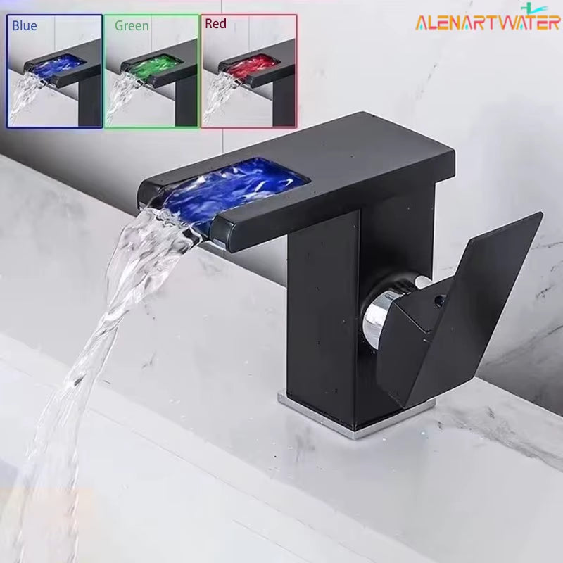 Luxury LED Black Basin Faucet Tall and Short Tap Bathroom Single Handle Cold and Hot Water Flow Produces Electricity